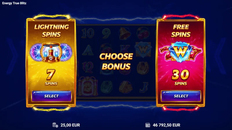 Energy True Blitz - sélection de l'option Lightning Spins